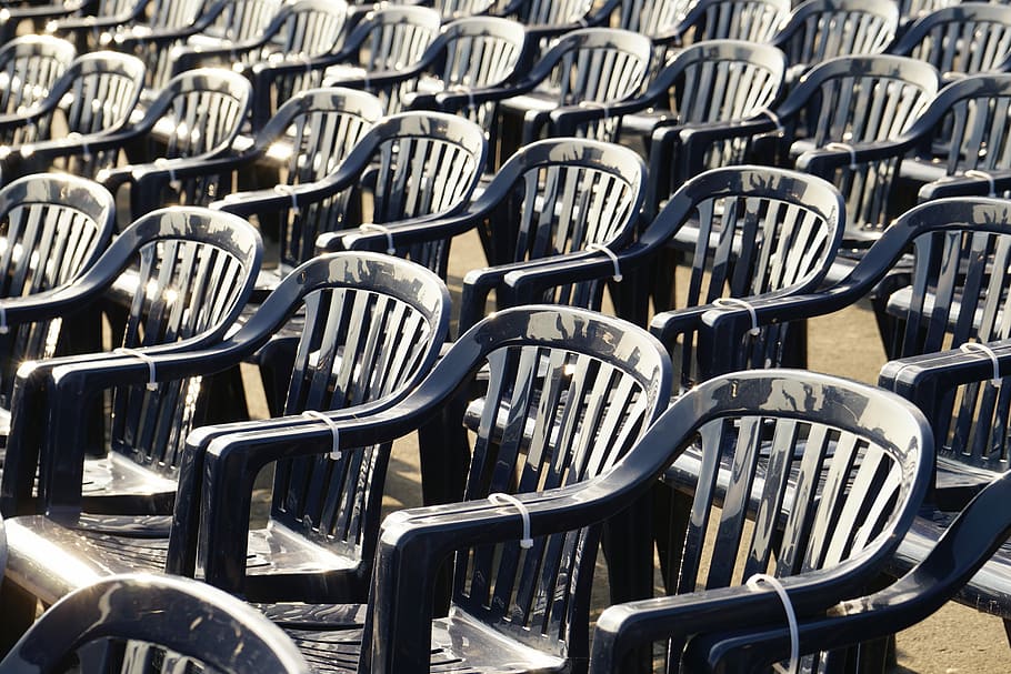Chairs, Plastic, Blue, Series, plastic chairs, blue, series, rows of chairs, event, seat, alignment