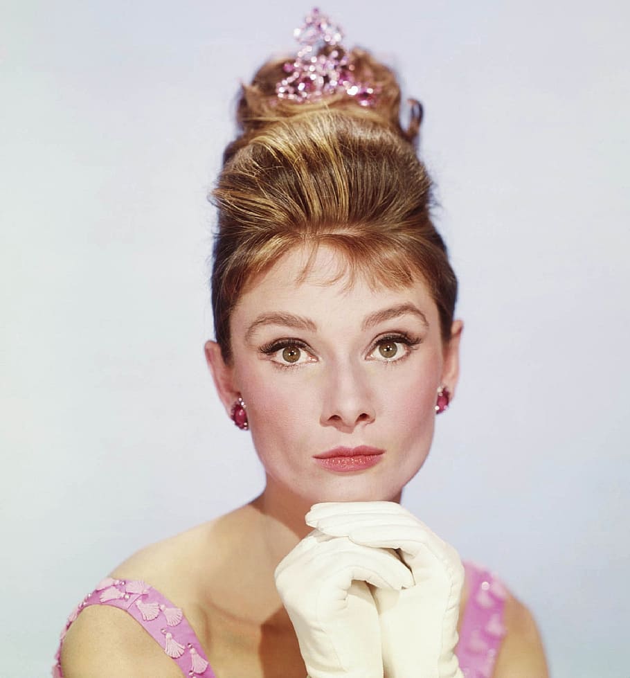 woman, wearing, crown, white, gloves, audrey hepburn, actress, vintage, movies, motion pictures