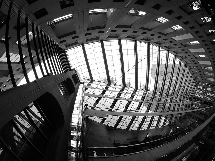 grayscale photo, building ceiling, vancouver, city, library, architecture, urban, fish eye lens, built Structure, black And White