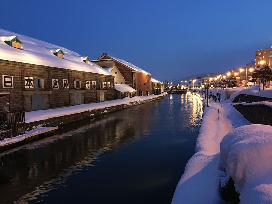 covered, houses, street, Japan, Otaru, Snow, Hokkaido, Canal, reflection, illuminated