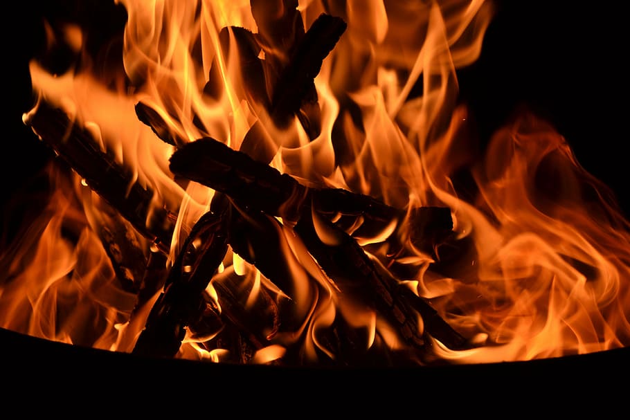 fuego, troncos, ardor, noche, oscuro, quemar, caliente, llama, brillante, calor