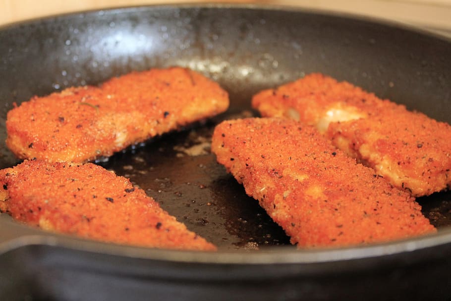 fry, breaded, fish, pan, cook, eat, food, food and drink, close-up, household equipment
