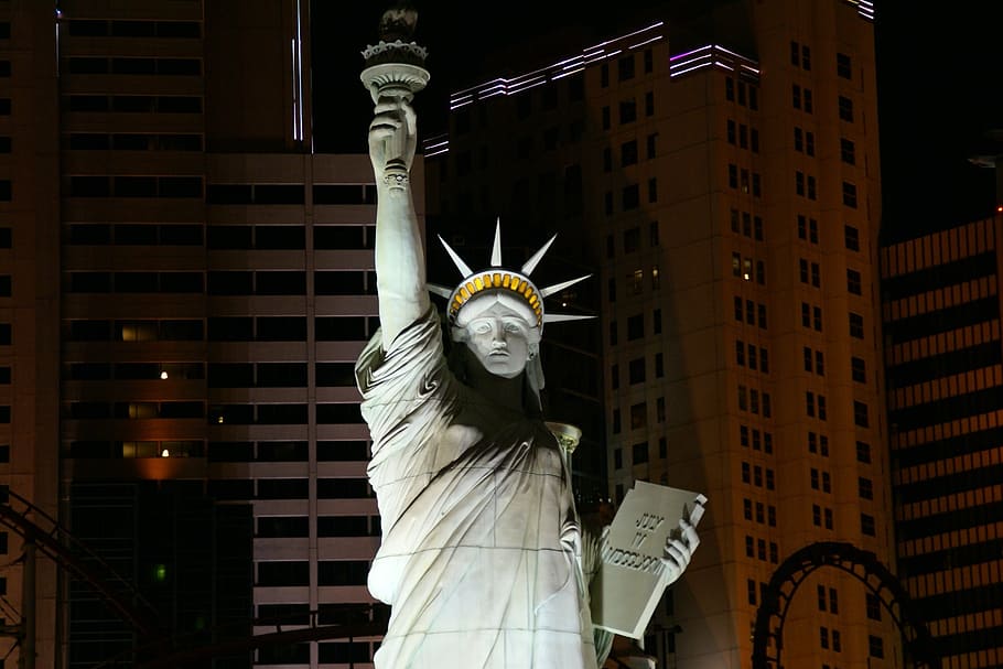 patung liberty, las vegas, new york hotel, nevada, usa, malam, kasino, perjudian, terkenal, hiburan
