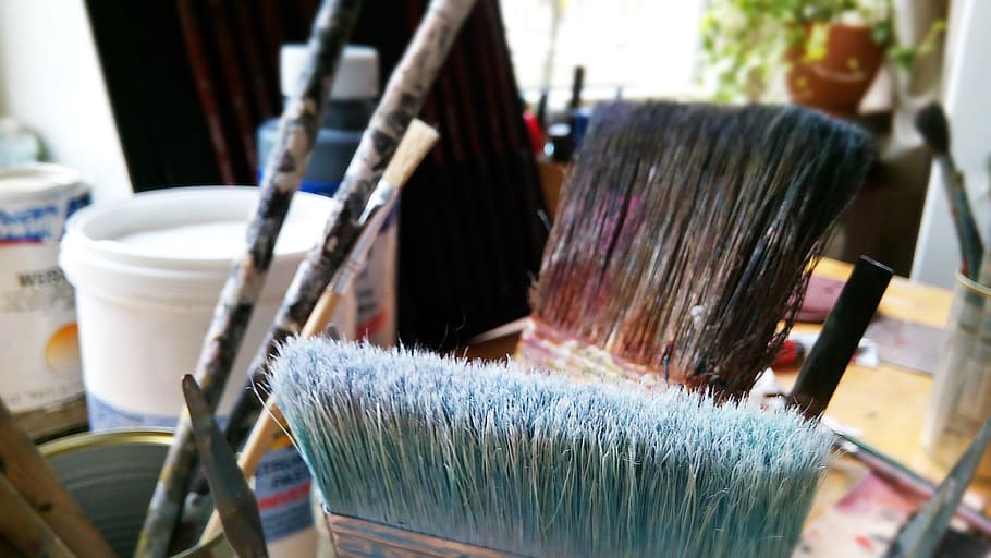 paint brushes, tabletop, painting, draw, brush, acrylic, watercolour, paint, brush hair, indoors