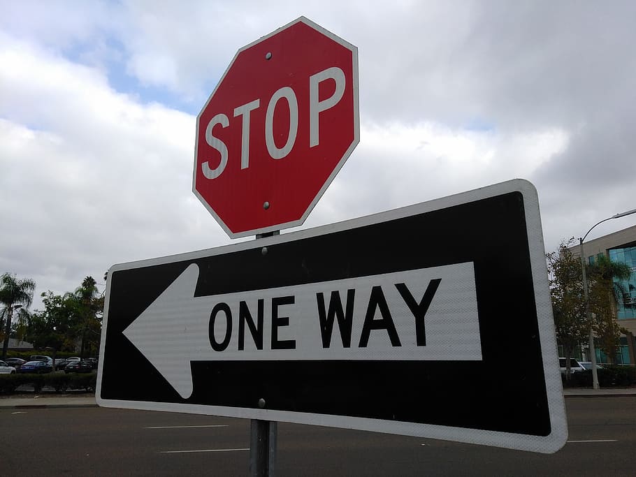 stop, one way, road, sign, travel, transportation, traffic, vehicle, car, transport