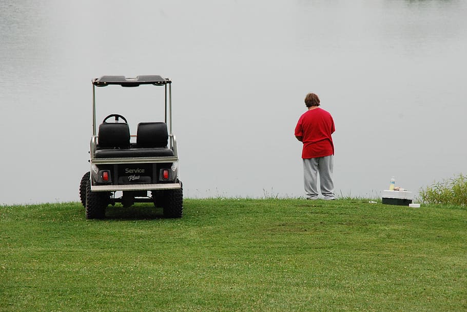 golf cart, lawn, summer, lake, countryside, outdoors, leisure, rear view, grass, men