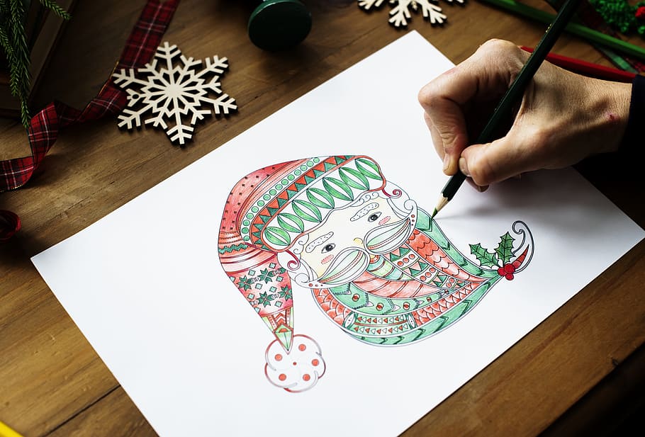person, drawing, santa claus head, adult coloring, art, artistic, beard, beautiful, christmas, christmas day