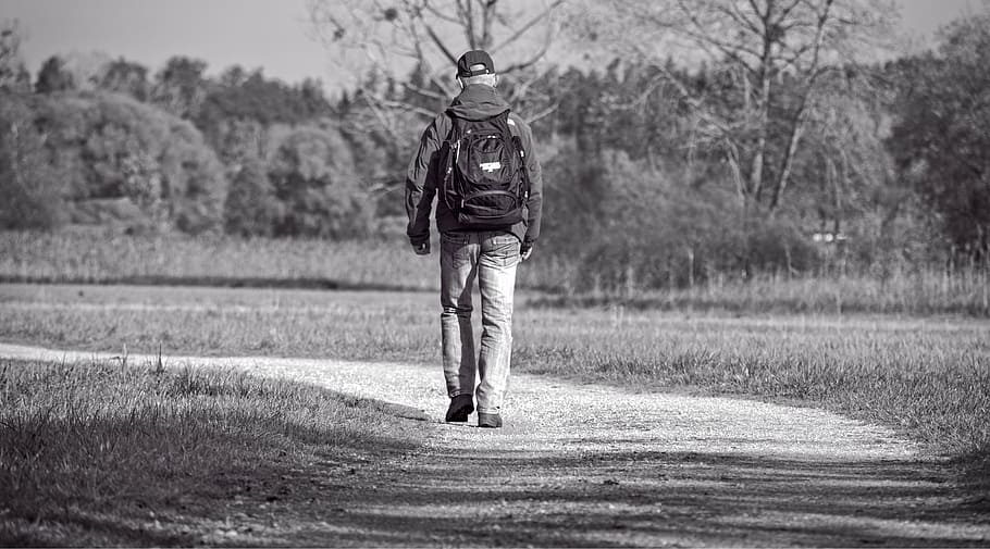 persona, mochila, caminatas, camino, durante el día, humano, individualmente, solo, lejos, ir