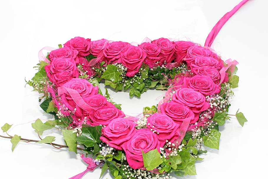 heart-shape, pink, floral, wreath, roses, hochzeitsschmuck, heart, flower, pink color, rose - flower