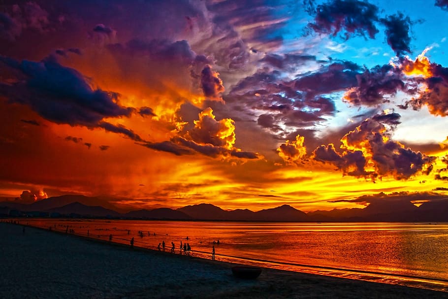 gente, océano, dorado, hora, playa, laguna, puesta de sol, puesta del sol, bahía de da nang, ciudad de danang