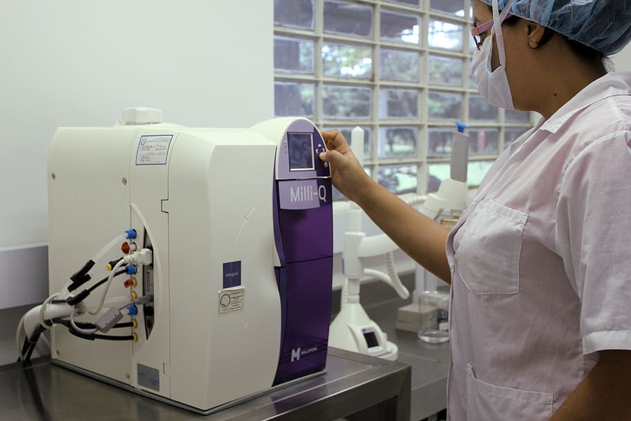 woman, pressing, button, machine, Diagnosis, Lab, Tests, Microscope, White, lab, tests