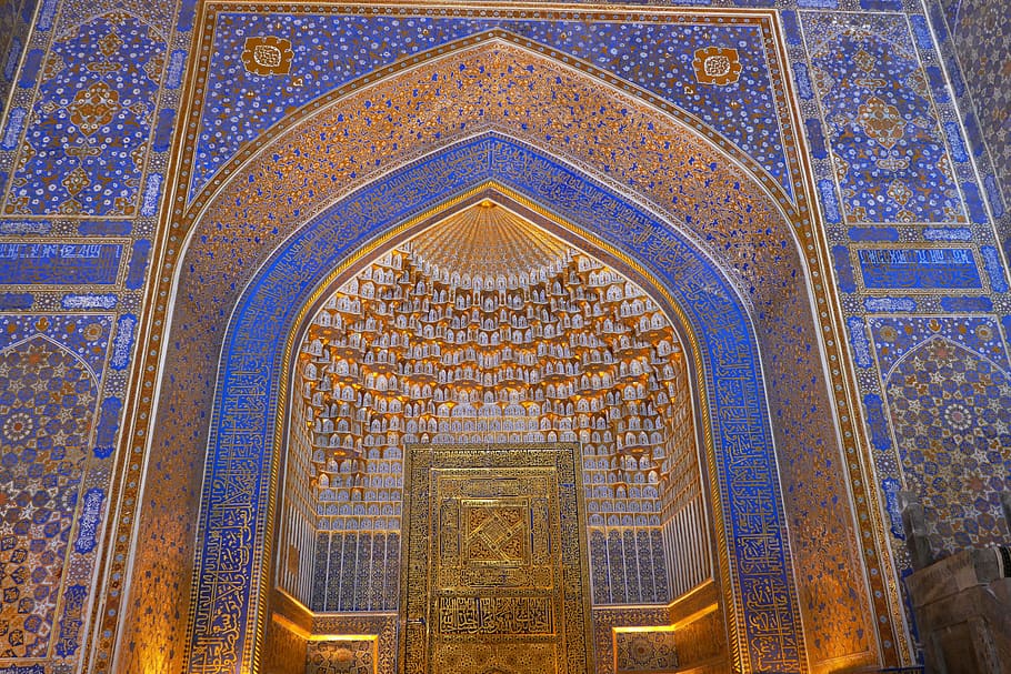 uzbequistão, samarcanda, mesquita, praça registran, locais de interesse, ásia central, azulejo, medrese, madrassa, espaço