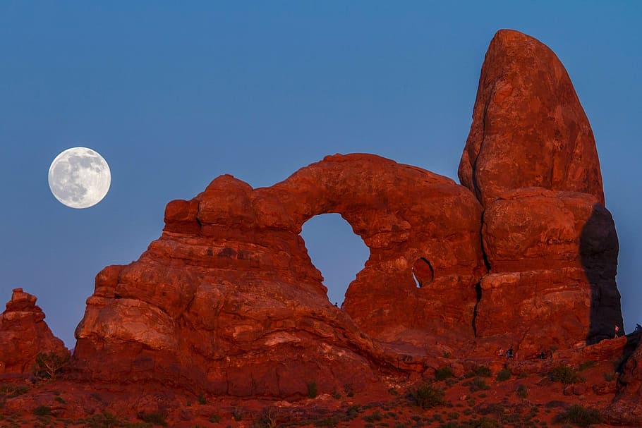 brown, rock formation, moon photo, turret arch, super moon, night, sandstone, geology, landscape, scenic