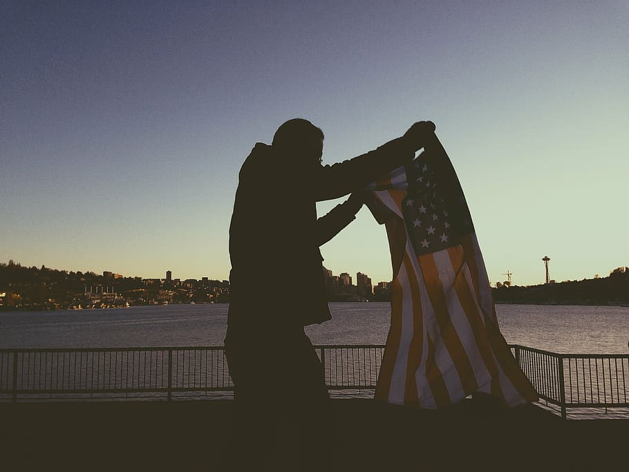 manusia, memegang, bendera, amerika, siluet, u, s, foto, amerika serikat, pria