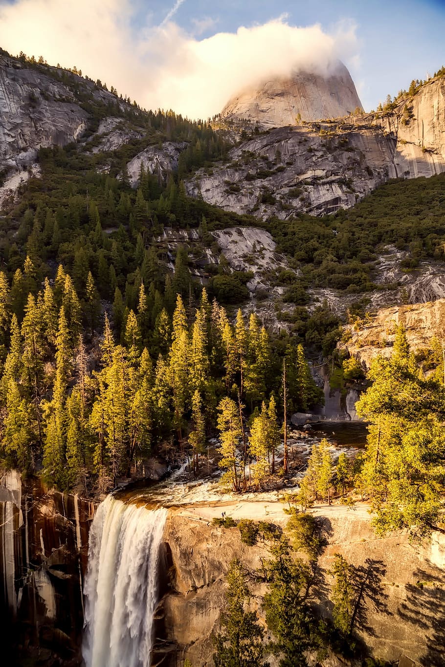 aerial, view photography, waterfalls, forest, yosemite, national park, california, landscape, mountains, tourism