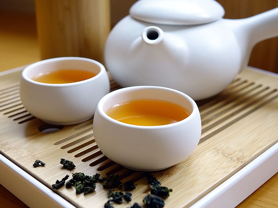 white, ceramic, teacup, tea, teapot, table, chinese tea, drink, beverage, leaf