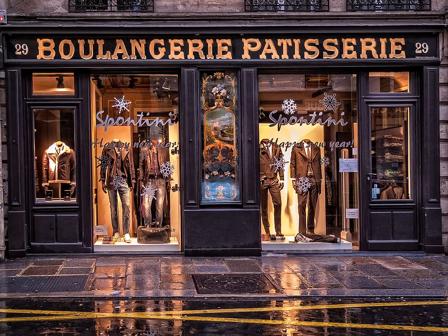 paris, rue des francs-bourgeois, storefront, mode, bakery, reflections, evening, architecture, built structure, building exterior