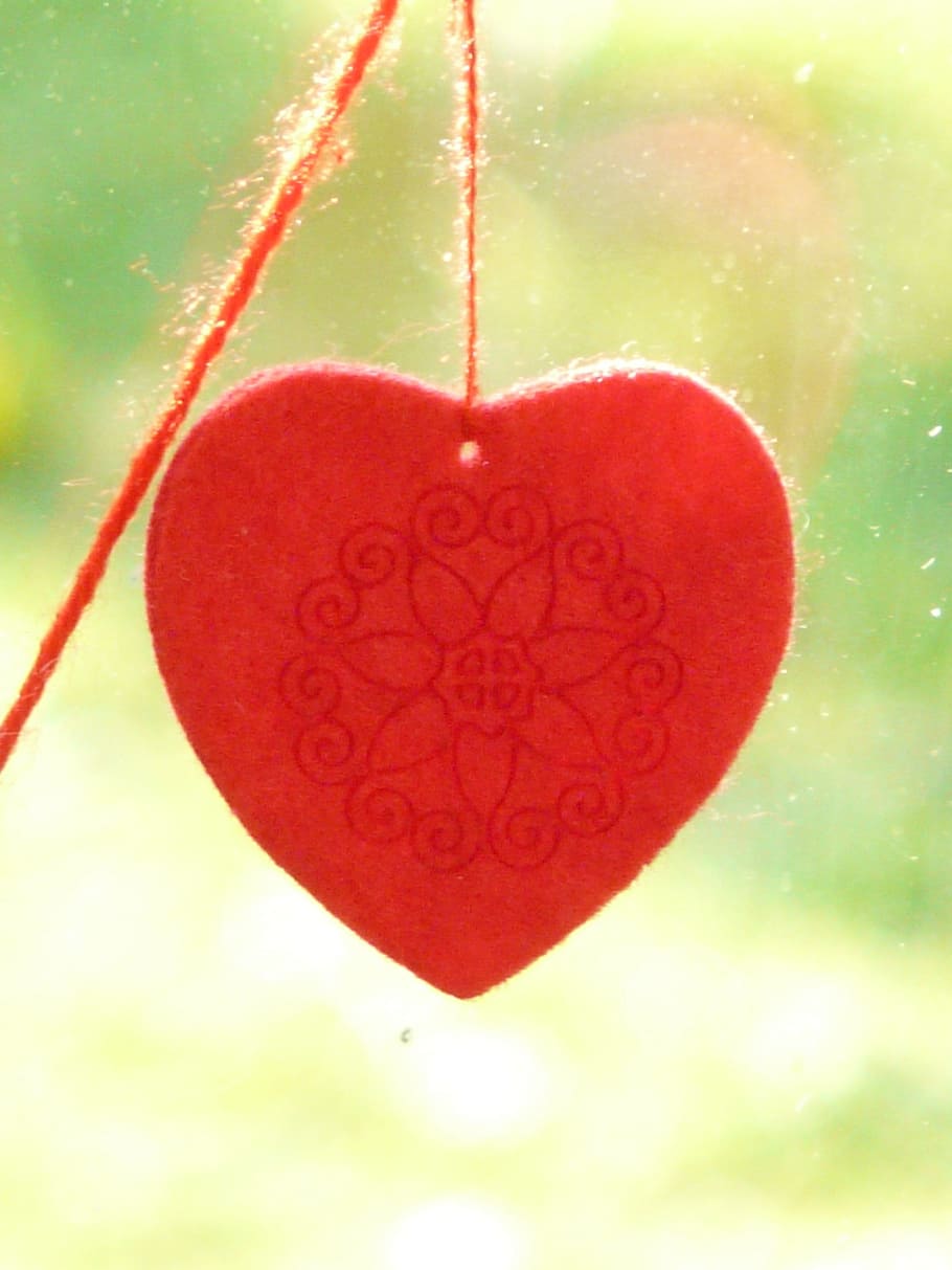 red, heart-shaped, hanging, decoration, red heart, heart, felt, window decorations, deco, thread