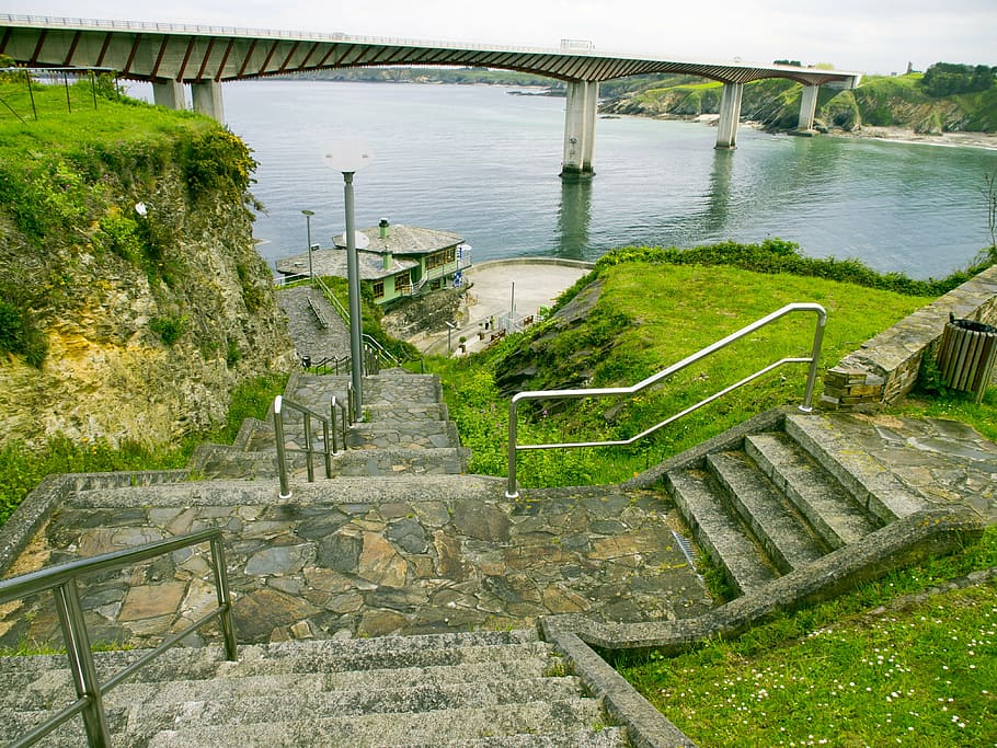escaleras, puente, mar ribadeo lugo, agua, arquitectura, estructura construida, día, nadie, planta, naturaleza