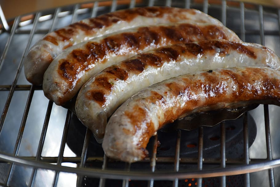 four, sausages, grilled, gray, electric, grill, bratwurst, barbecue, meat, delicious