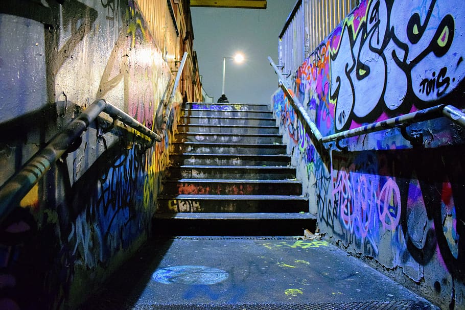 escada, escadas, etapas, projeto, tinta spray, urbano, grafite, saída, arquitetura, arte e artesanato