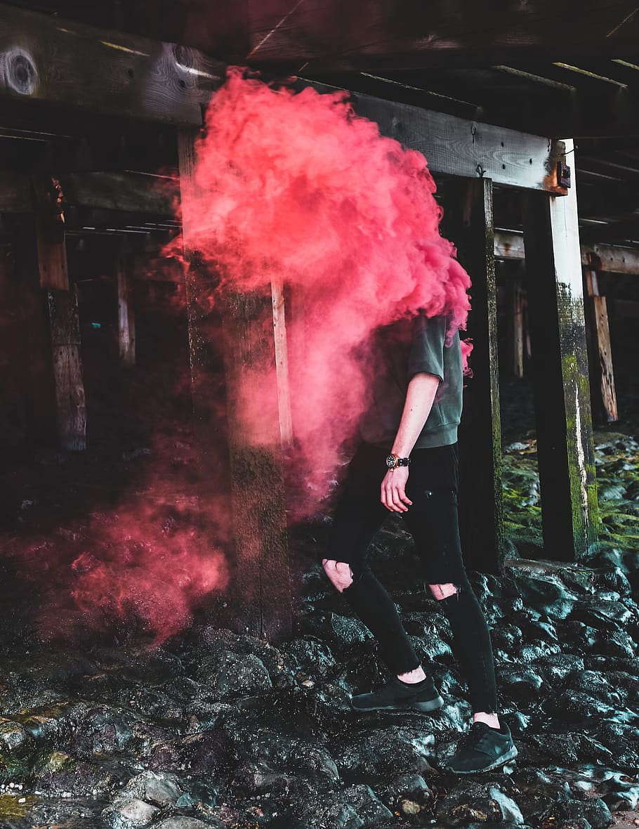 person, cover, pink, smoke, red, vape, outdoor, people, man, guy