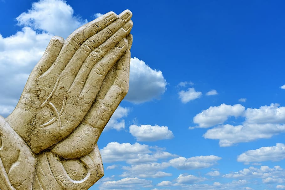 photo of clouds, praying hands, religious, granite, plate, ornament, structure, stone, tombstone, cemetery