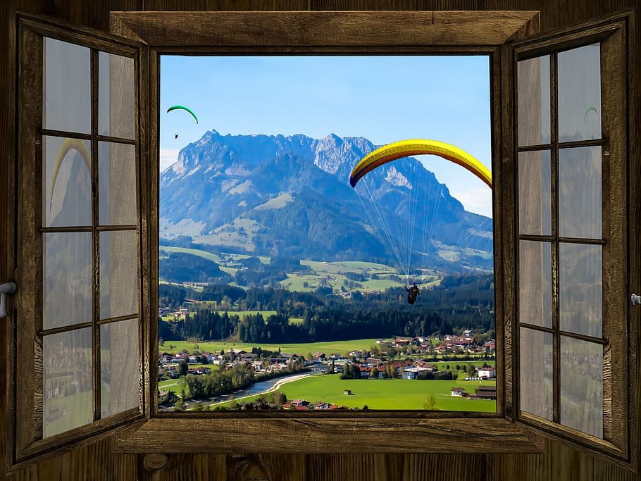 man paragliding view front, window, outlook, mountains, kaiser mountains, zahmer kaiser, hut, fly, paraglider, glider