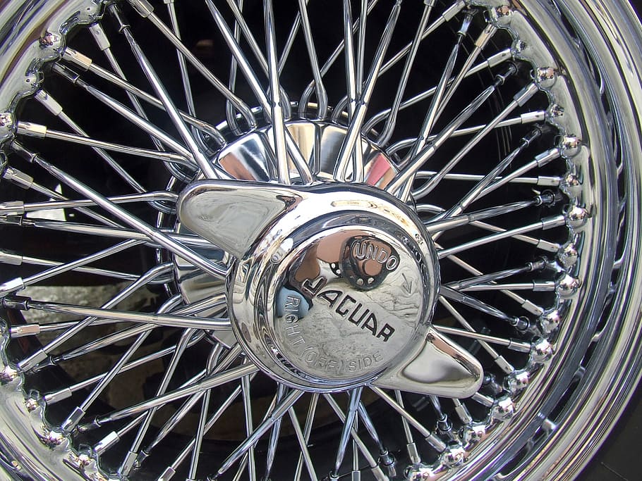jaguar car, wire wheel, jaguar, jag, chrome, classic, car, crisscross, design, e-type