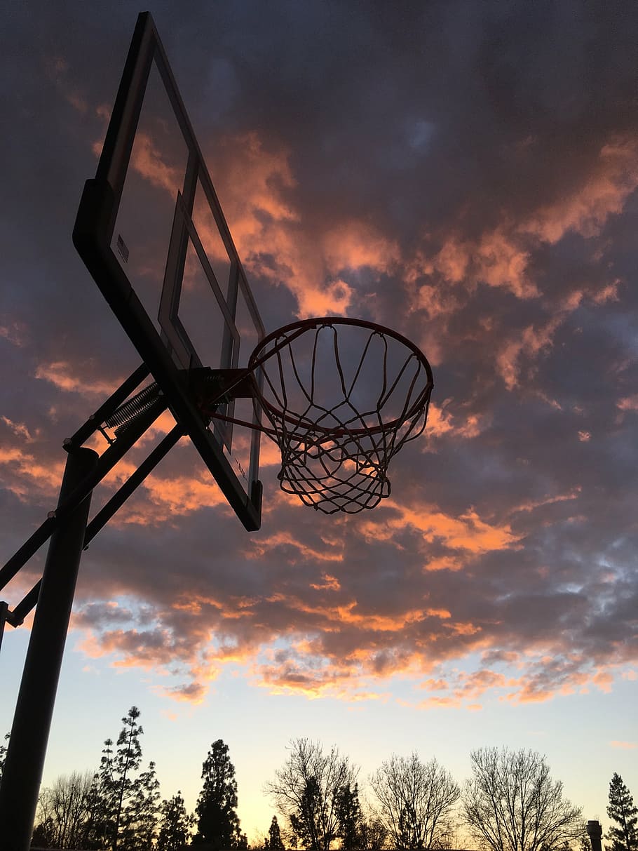 portátil, cinza, nuvens, céu, basquete, pôr do sol, esporte, basquete Cesta, basquete - esporte, ao ar livre