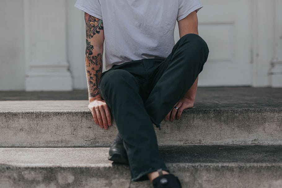 man, sitting, staircase, people, guy, alone, building, outside, tattoo, men