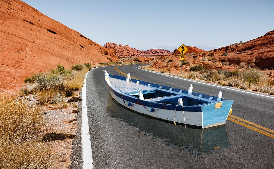 boat, road, illusion, desert, water, contrast, impossible, ship, fishing, asphalt