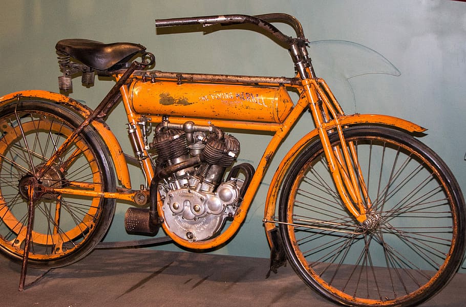 Motorcycle, Antique, Vintage, Relic, orange, bicycle, innovation, invention, bike, old