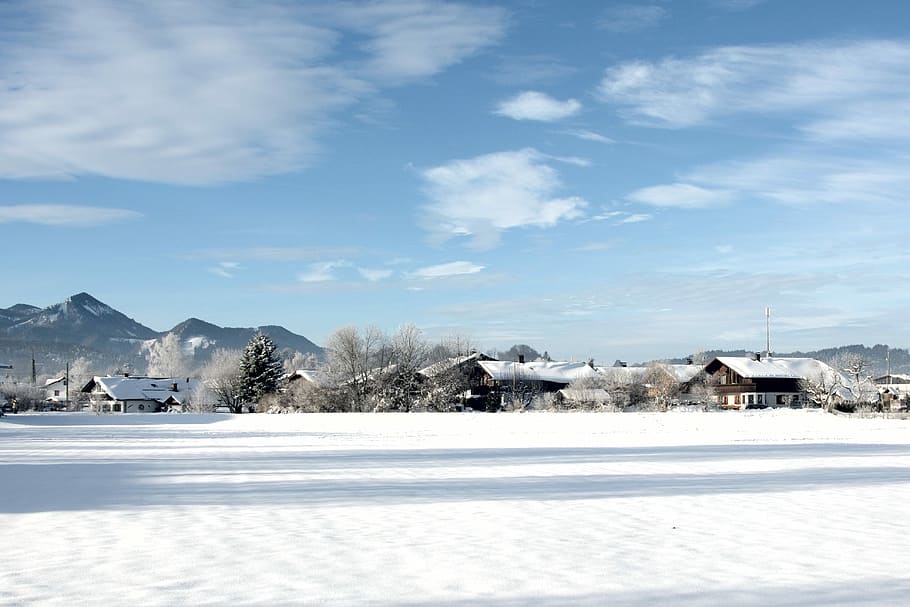 Invierno, nieve, paisaje, Chiemgau, invernal, blanco, nevado, pueblo, hogares, temperatura fría