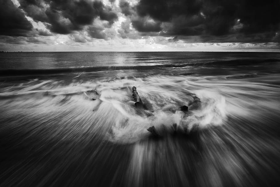sea, ocean, water, waves, nature, black and white, horizon, clouds, sky, motion