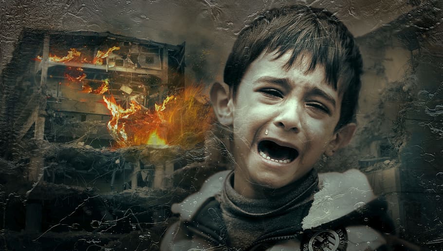 llorando, niño, gris, fondo de pantalla con cremallera, guerra, sufrimiento, destrucción, pérdida, víctimas, miseria