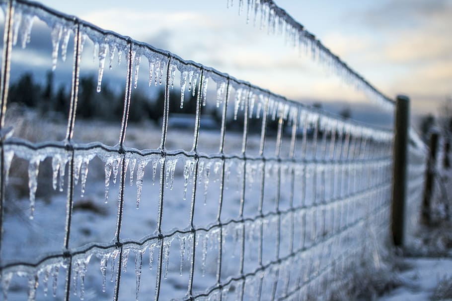gray, wire fence, covered, ice, daytime, reflection, steel, industry, water, drop