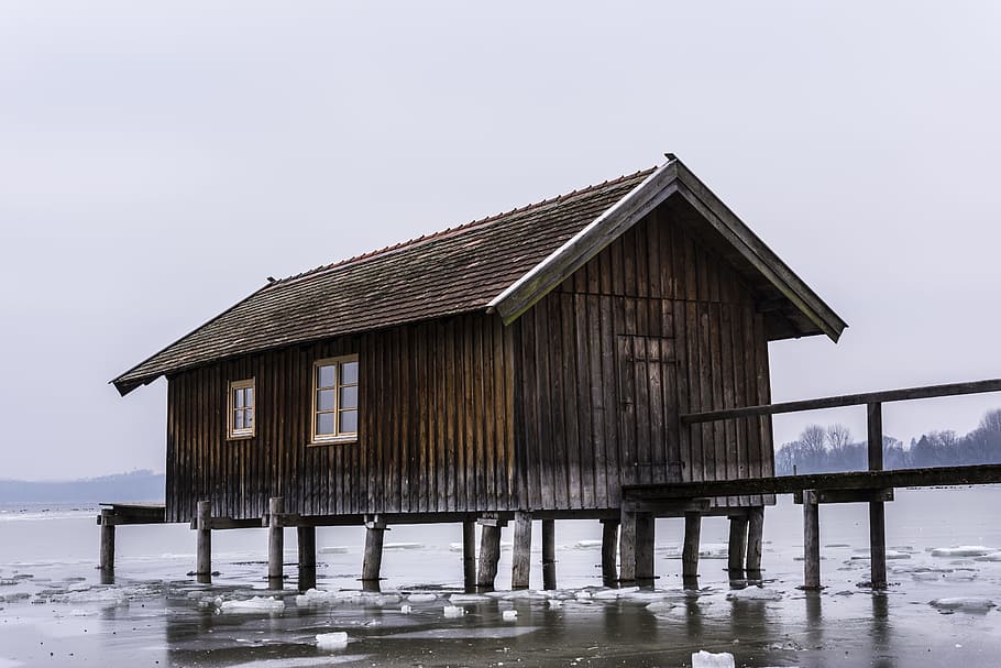 Ammersee, Boat House, Frozen, Water, frozen, water, lake, web, bavaria, landscape, mirroring
