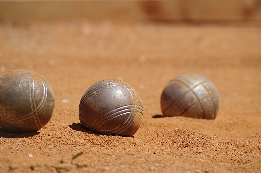 gray, balls, sand, petanque, game, ball, sport, close-up, competition, selective focus