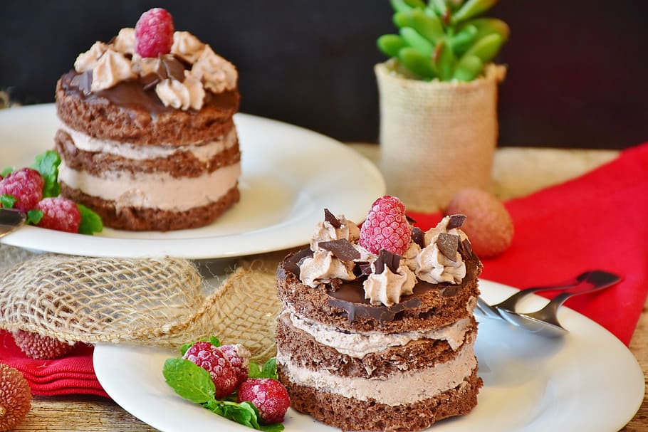 two, raspberry, top, mousse cakes, white, ceramic, plates, tart, chocolate tarts, cream cake