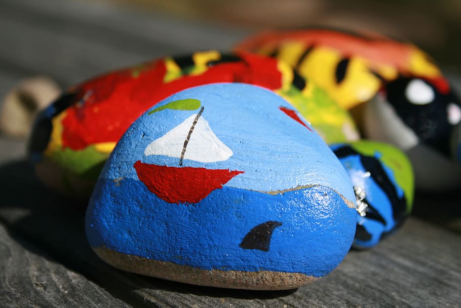 sailboat, shark, painted, stone, paint, rock, drawing, play, summertime, boat