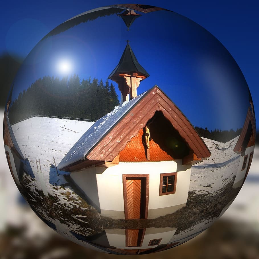 Ball, Church, Chapel, Winter, Snow, mountain, reflection, cross, door, star - space