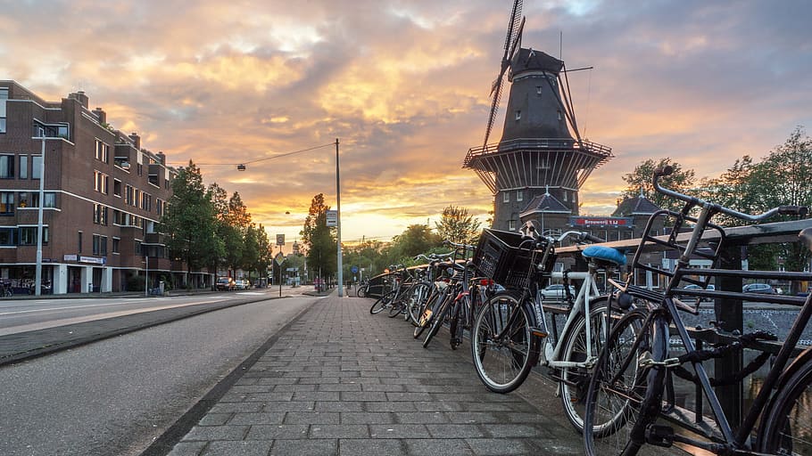 bicicletas, estacionado, puente, puesta de sol, holanda, países bajos, molino de viento, cafetería, bicicleta, amsterdam