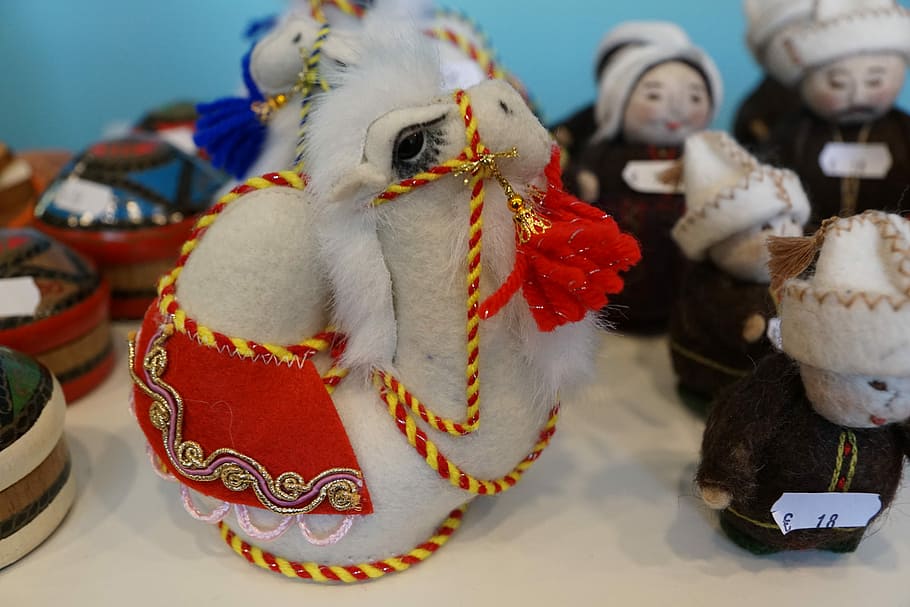 Figura, Folklore, Tinker, Kazajstán, expo, exhibición, tela, hombre, gorra, camello