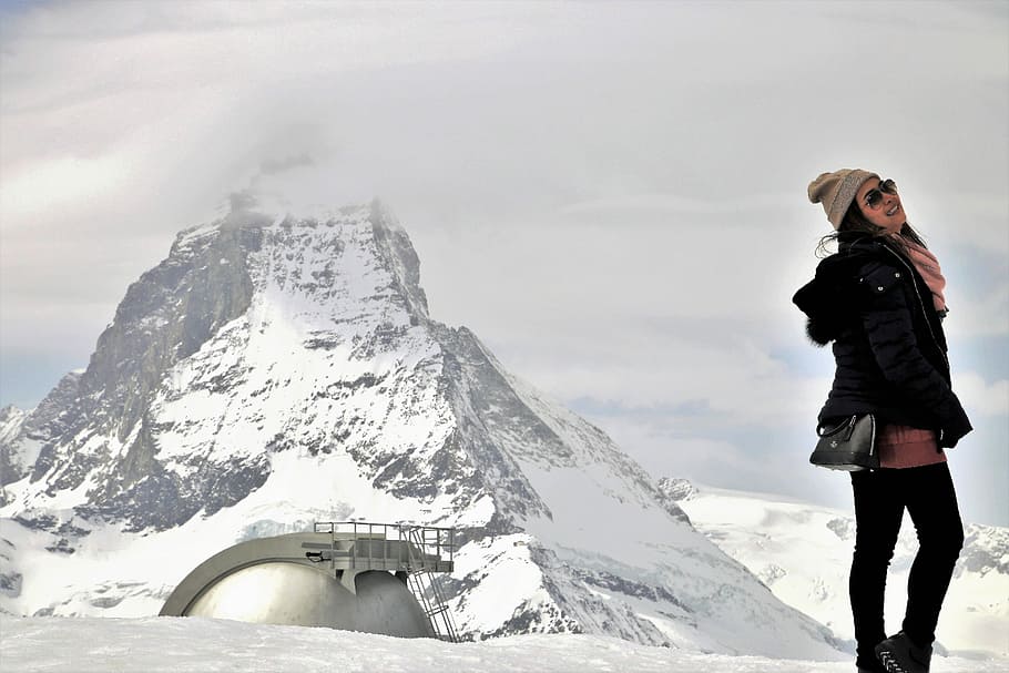 woman, standing, snow-capped mountain, daytime, tourism, posing, matterhorn, top, biel, sideways