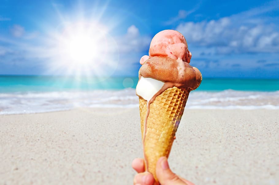 ice cream cone, beach, ice, summer, eating ice cream, delicious, sweet, lick, nibble, sweetness