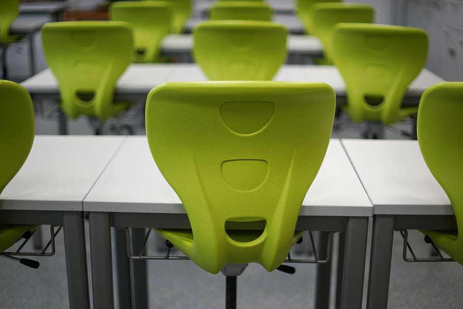 tilt shift photo, white, metal tables, green, plastic chairs, classroom, school, desk, chair, class