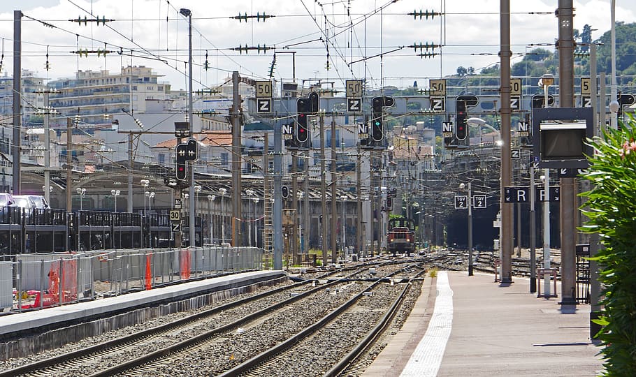kereta api, abu-abu, trek, Stasiun Kereta Api, Nice, Tunnel, lansekap kota, gantry, keluar barat, platform