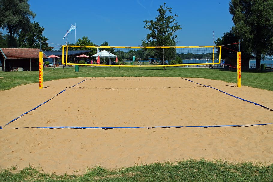 brown, sand, surrounded, green, grasses, Beach Volley, Volleyball, Playing Field, beach volleyball, volleyball field