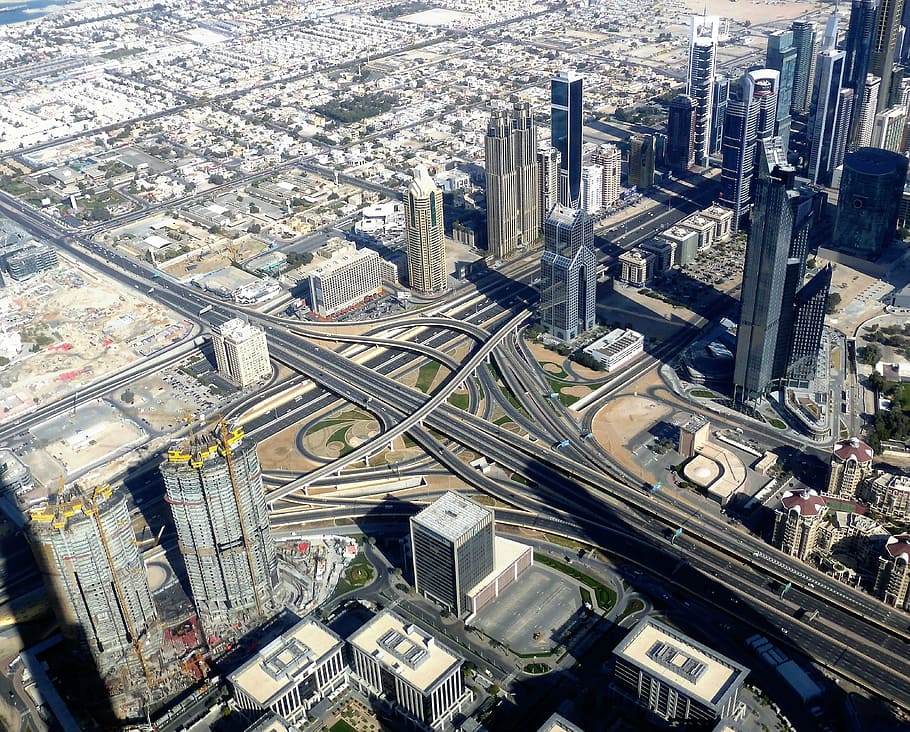 rascacielos, intersección, vista, dubai, emiratos, ciudad, vista aérea, paisaje urbano, arquitectura, jeque Zayed Road